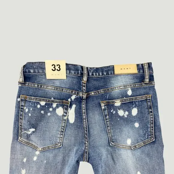 MNML Splash Stretch Denim Jeans Blue Paint Splatter Distressed Ankle Zip 33 - Picture 3 of 8